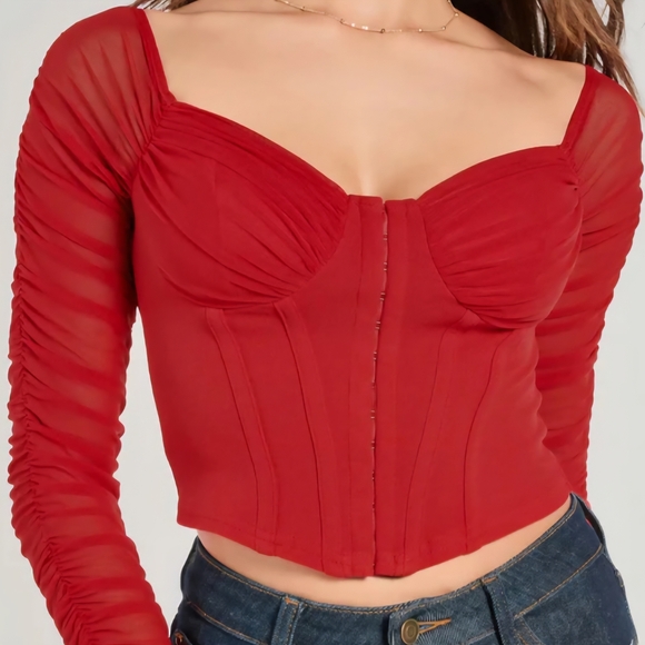 Windsor Tops - WINDSOR Downtown Looks Long Sleeve Mesh Bustier Corset Off The Shoulders Red Top
